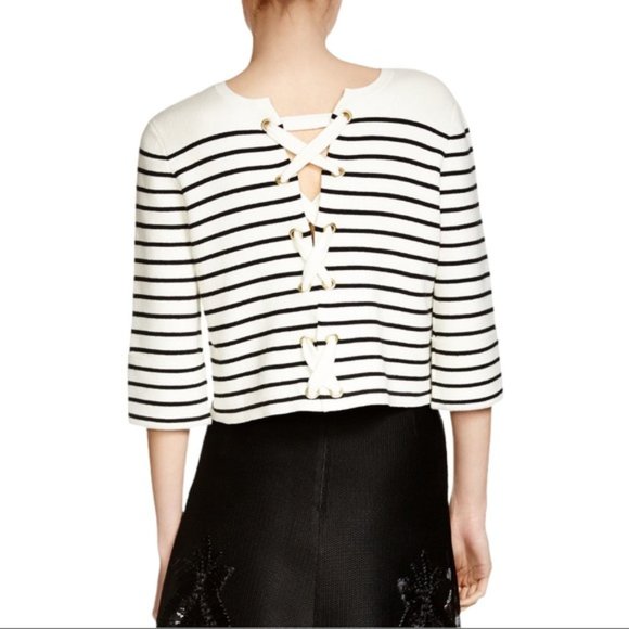 Maje Montreal Ecru criss cross lace up back Breton stripe cropped sweater - Picture 4 of 10